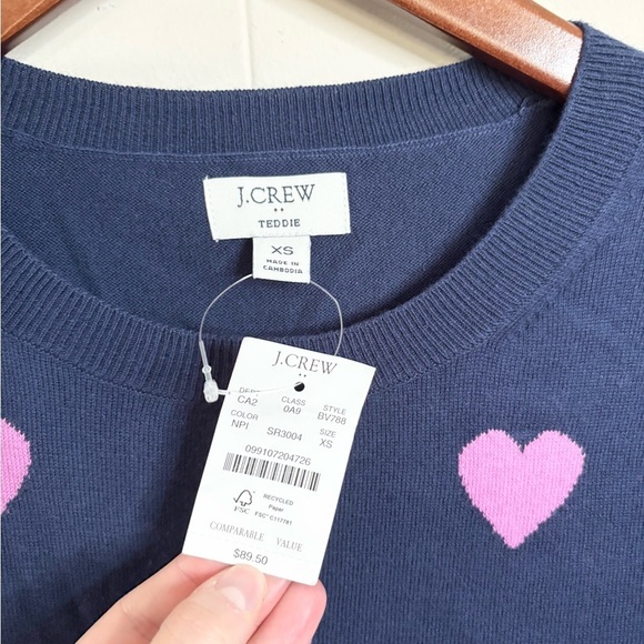 J Crew allover hearts teddie sweater cotton navy pink size XS new - Picture 3 of 6
